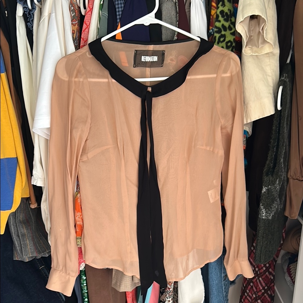 Reformation Women's Tan Blouse with Black Trim